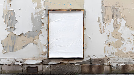 White wrinkled poster template with paper glued on textured wall for authentic presentation