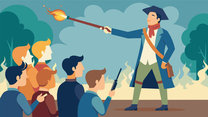 A man demonstrating how to load and fire a musket educating the audience on the weapons used during the American Revolution.. Vector illustration
