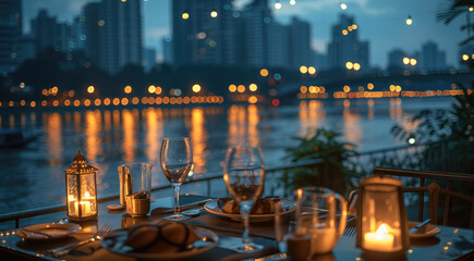 Outdoor dining table setting with panorama of a big city at night and river view, warm colors....
