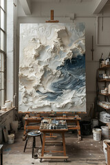 A studio setting with a large white and dark blue canvas painting displayed on an easel