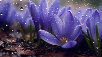 Spring flowers of blue crocuses in drops of water on the background of tracks of rain drops Generative AI