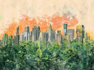 city skyline in the style of watercolor painting
