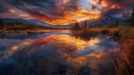 Obraz premium As the sun dips below the horizon, the sky ignites in a symphony of warm hues.