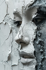 A womans face with white and black paint in an abstract style