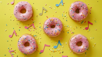 Melodic treats Sprinkle doughnuts tuned to music on a bold yellow backdrop harmony in taste and sound - obrazy, fototapety, plakaty