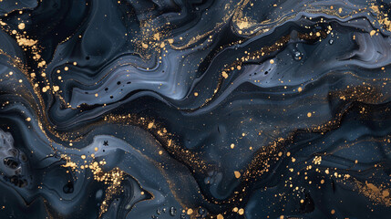 Ethereal obsidian marble ink infused with glimmering golden glitters, illuminating the darkest corners of an abstract cosmos.