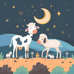 Flat background for islamic eid al-adha celebration with cow and sheep