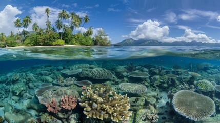 Fototapeta na wymiar A panoramic view of a remote island paradise, with palm-fringed beaches and vibrant coral reefs teeming with marine life.