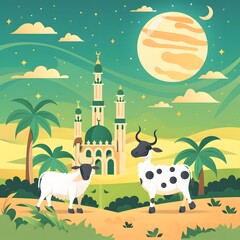 Fototapeta premium Flat background for islamic eid al-adha celebration with cow and sheep