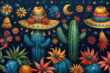 A vibrant painting featuring a cactus adorned with sombreros and colorful flowers festa Junina