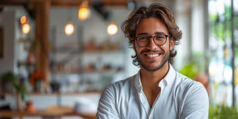 Obraz premium A man accountant wearing glasses smiles directly at the camera on a white background