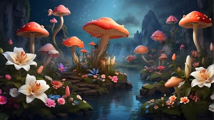  amazing fantasy scene with lilies, mushrooms, and flowers