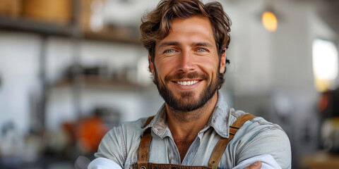 Fototapeta premium A builder man with a smile on his face, standing with his arms crossed