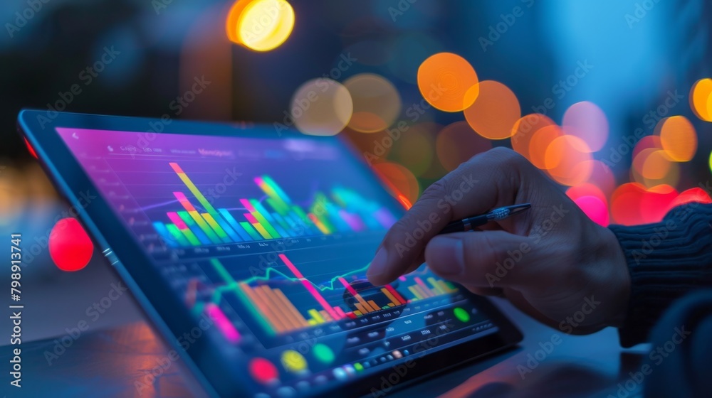 Aufkleber a person checking their investment portfolio on a tablet, with colorful financial graphs displayed.