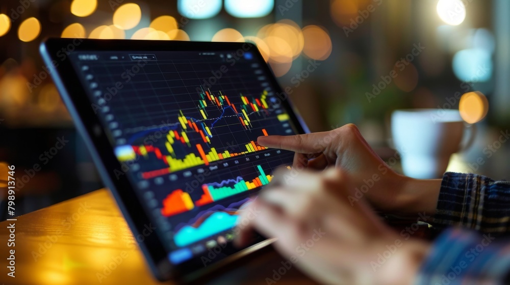 Aufkleber a person checking their investment portfolio on a tablet, with colorful financial graphs displayed.