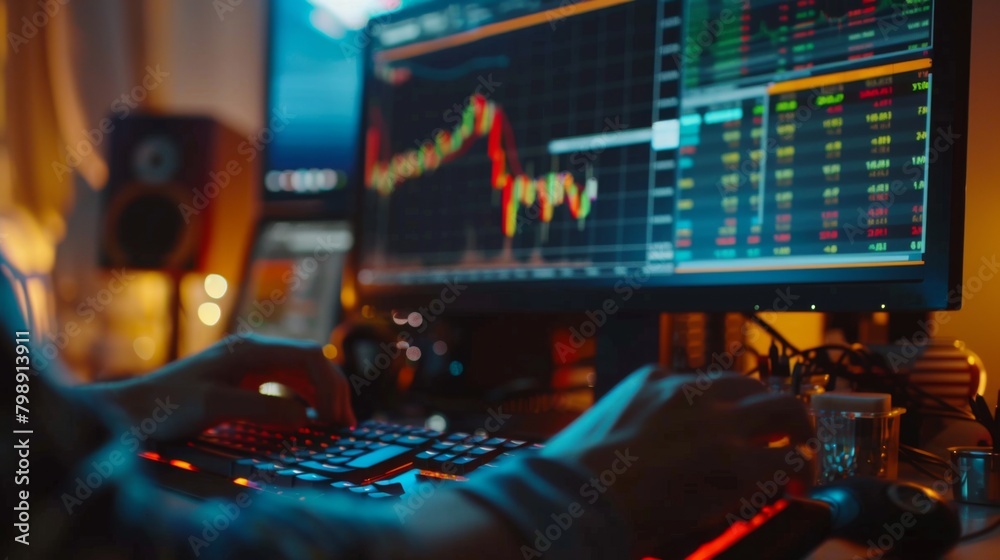 Poster a person checking their stock portfolio on a computer screen, with financial charts and graphs refle