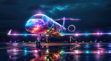 A sleek airplane with a nano color splatter design, showcasing the latest technology. The plane...