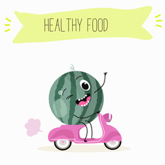 Cute watermelon characters, funny fruits, funny berry with different activities. Flat vector illustration. Organic food, healthy food, illustrations for kids menu, invitations.