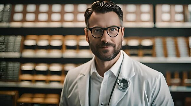 Optiker steht im Laden