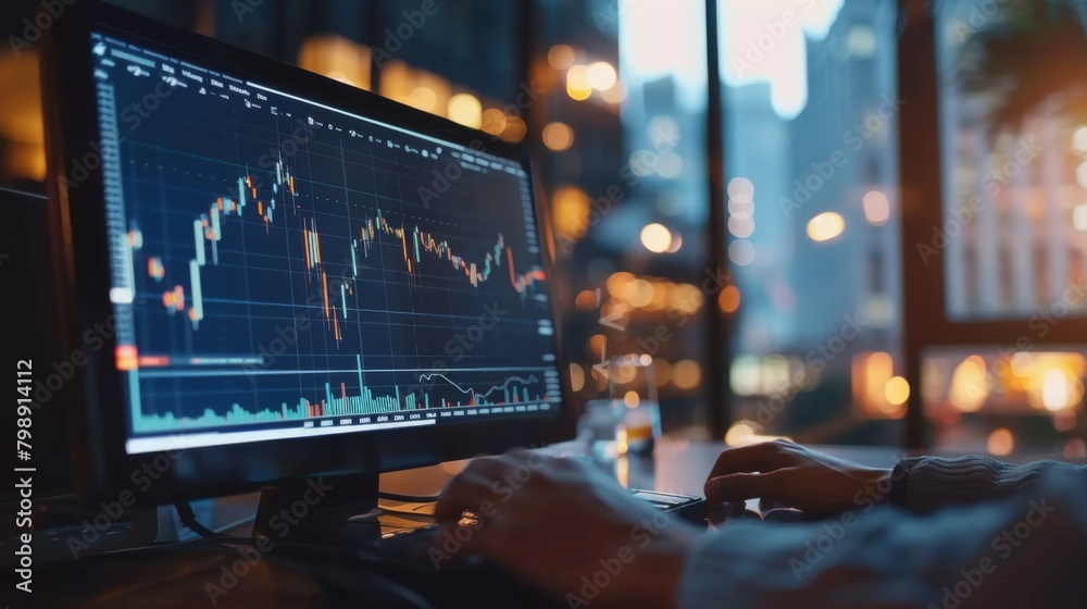 Poster A person checking their stock portfolio on a computer screen, with financial charts and graphs reflecting investment performance.