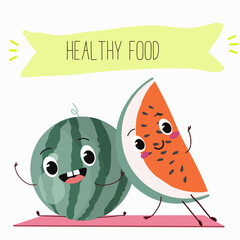 Cute watermelon characters, funny fruits, funny berry with different activities. Flat vector illustration. Organic food, healthy food, illustrations for kids menu, invitations.