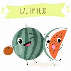 Fototapeta premium Cute watermelon characters, funny fruits, funny berry with different activities. Flat vector illustration. Organic food, healthy food, illustrations for kids menu, invitations.
