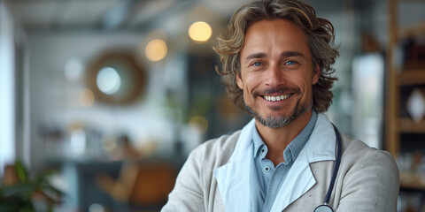 Fototapeta premium A man doctor with a stethoscope around his neck smiling