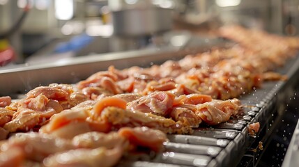 A production line at a poultry factory where chickens are being processed into various frozen products, demonstrating the mechanized and automated nature of modern food production.