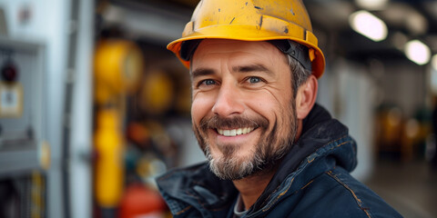 A man electrician with a smile wearing a hard hat