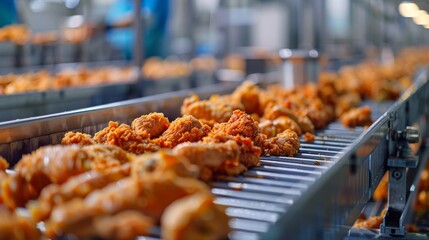 A production line at a poultry factory where chickens are being processed into various frozen products, demonstrating the mechanized and automated nature of modern food production.