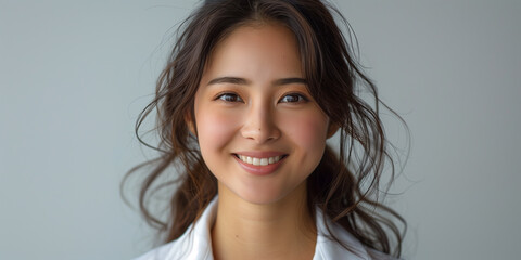 Fototapeta premium A female accountant with long hair smiling at the camera on a white background