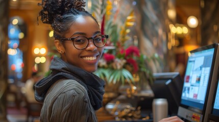 A receptionist at a city center hotel, smiling as they provide guests with public transportation information and sightseeing tour bookings.