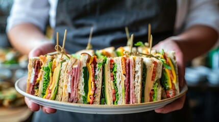 A person holding a plate of colorful and artistic sandwiches arranged in a visually appealing pattern, perfect for a party or event.