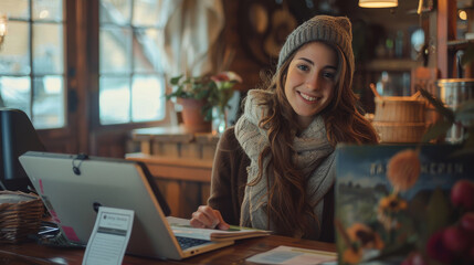 Fototapeta premium A receptionist at a countryside bed and breakfast, smiling as they greet guests and offer hiking trail maps and picnic basket rentals.