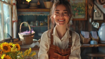 A receptionist at a countryside bed and breakfast, smiling as they greet guests and offer hiking trail maps and picnic basket rentals. - obrazy, fototapety, plakaty