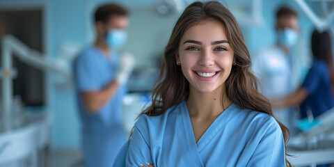 A woman doctor in scrubs stands in a hospital setting