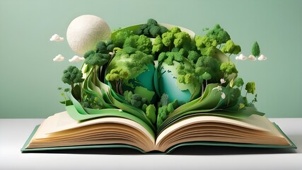 Open book featuring a charming, paper-styled green world with an emphasis on environmental preservation