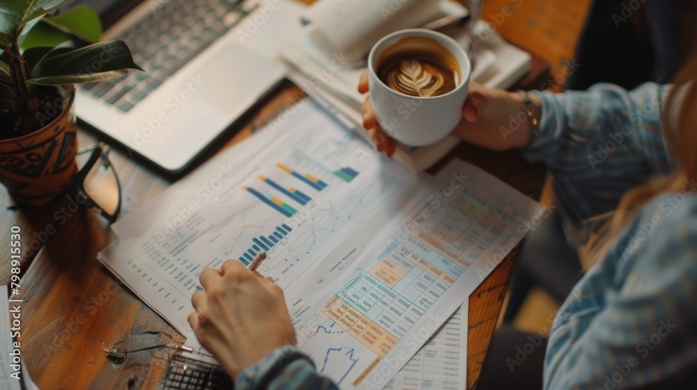 Poster a person reviewing financial statements and graphs while sipping coffee in a cozy workspace, showcas