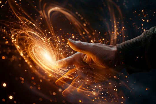 First contact. hand reaches spinning vortex of light particles, neuronal network concept