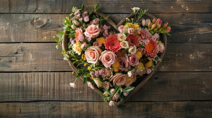 A stunning bouquet of flowers adorning a wooden heart