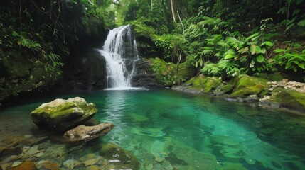Naklejka premium A picturesque tropical waterfall cascading down mossy rocks into a crystal-clear pool surrounded by lush vegetation.