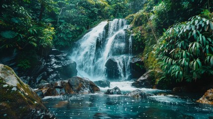 Naklejka premium A picturesque tropical waterfall cascading down mossy rocks into a crystal-clear pool surrounded by lush vegetation.