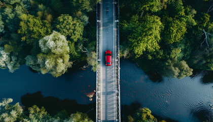 car drives along an openwork bridge over a river, top view - obrazy, fototapety, plakaty