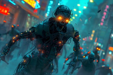 Futuristic Cyborg Sprinting from Neon-Infused Zombie Swarm in Dynamic Urban Sci-Fi Scene