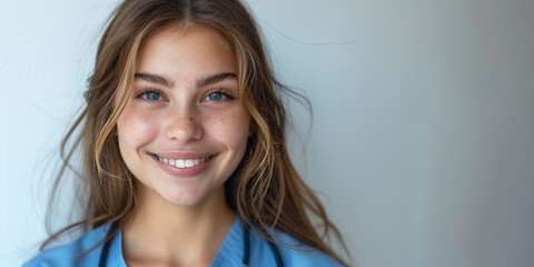 Naklejka premium A woman nurse with long hair wearing a blue shirt smiles against a white background