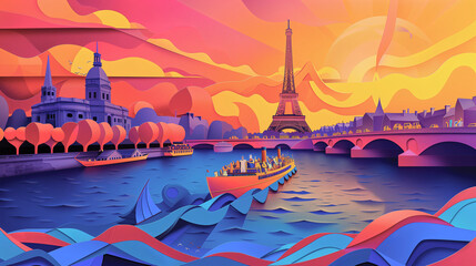 Illustration in the style of paper-cut of cityscape of paris seine river - obrazy, fototapety, plakaty