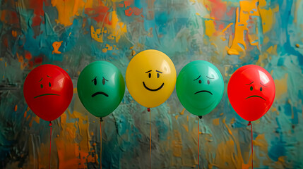 Conceptual picture in which the concepts of happiness and sadness are expressed through colored balloons
