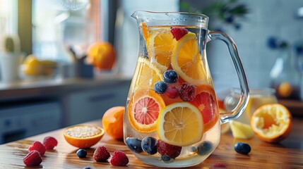 A pitcher of fruit-infused water with floating slices of citrus fruits and berries, a refreshing and hydrating beverage option.