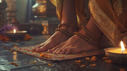 Fototapeta premium A reflexology session focusing on the feet, with a therapist applying pressure to specific points for relaxation and rejuvenation.