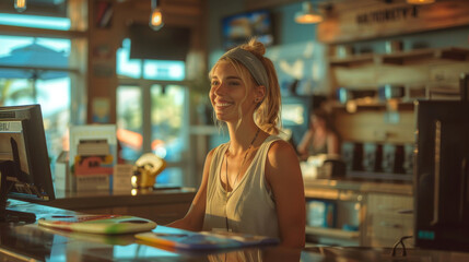 A receptionist at a waterfront hotel, smiling as they check in guests and offer kayak and paddleboard rentals.